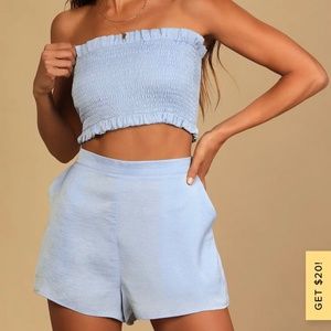 Extra Love Dusty Blue Satin Smocked Top and Satin Shorts Set